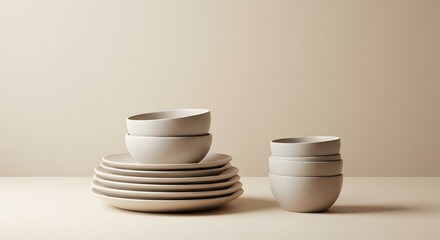 Arrangement of Plates and Bowls on a Neutral Background Composition