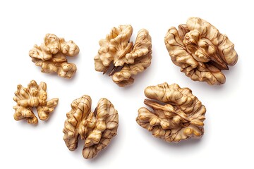 Obraz premium A collection of walnut kernels in different sizes, showcasing organic forms and deep natural textures, hyper-realistic, isolated on solid white background.