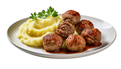 Savory meatballs with creamy mashed potatoes, perfect for appetizing food packaging design.