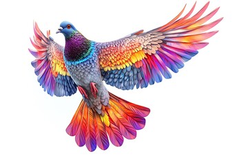 Fototapeta premium A colorful pigeon mid-flight with radiant multicolor feathers, intricate wing details, and smooth shadows, ultra-HD, isolated on solid white background.