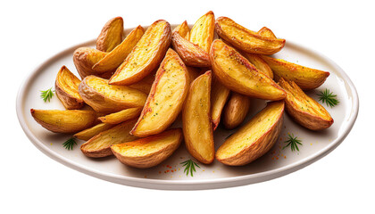 Crispy golden potato wedges, perfect for gourmet dishes and snack platters, isolated PNG image.