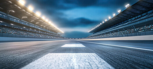 Passing Finish line on a race track with metal gate construction and floodlights illuminating sports racing stadium. Professional 3D illustration for sports advertising.
