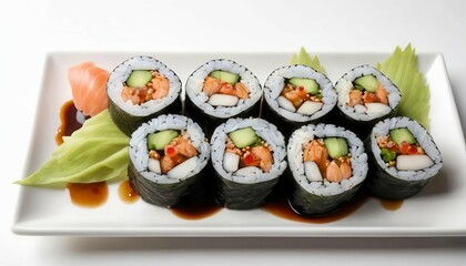 Ten pieces of sushi arranged on a rectangular white plate, garnished with lettuce and a soy sauce drizzle. Close up view showing the details of the