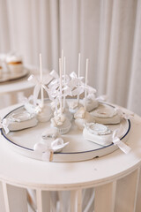 An Elegant White Dessert Table beautifully arranged with a variety of Delicate Candy Treats, all charmingly adorned with exquisite Ribbons, creating a stunning visual display for any occasion