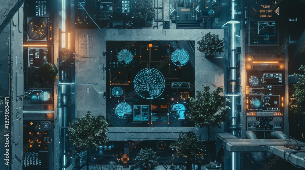 Poster futuristic cityscape brain network - overhead view of a futuristic city with brain-shaped displays i