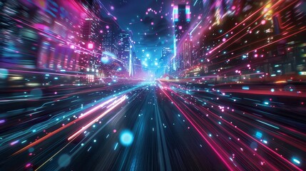 Fototapeta premium Futuristic Cityscape Lightspeed Drive - A vibrant, high-speed journey through a futuristic city at night, illuminated by neon lights and energy trails