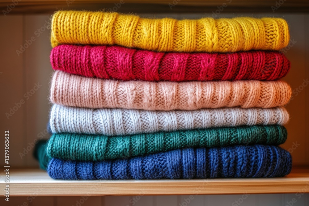 Poster cozy folded sweaters in rainbow colors arranged neatly on a wooden shelf with soft lighting illumina