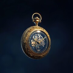   Close-up of a gold pocket watch on a chain with a clock face on the front