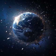 Obraz premium Planet Earth surrounded by space debris floating in orbit, environmental destruction concept, outer space pollution, digital rendering of orbital junk, futuristic cosmic disaster around the globe