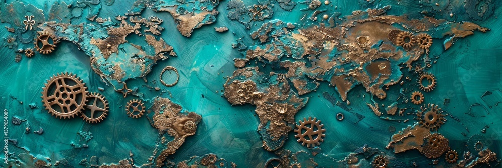 Poster global mechanism art - artistic world map with metallic gears, symbolizing global interconnectedness