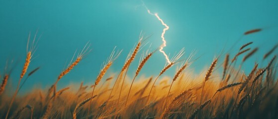 Wheat stalks sway gently under a dramatic sky, pierced by a vivid bolt of lightning, embodying nature's raw, untamed power.