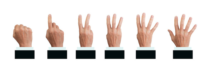 Hand counting set. male business person showing finger progression from 1 to 5, series of counting poses, sign language and order sequence for office or human communication. Isolated on white.