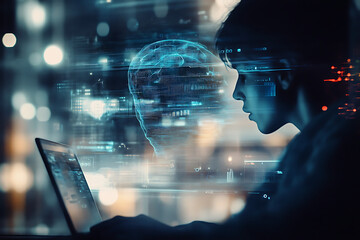 Young programmer coding with futuristic AI hologram interface, artificial intelligence head overlay, digital brain data stream, cyber technology innovation, machine learning virtual assistant environm