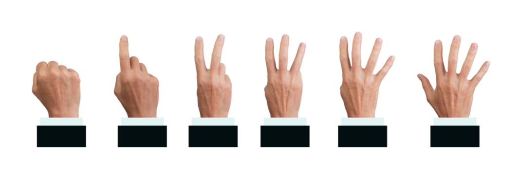 Hand counting set. male business person showing finger progression from 1 to 5, series of counting poses, sign language and order sequence for office or human communication. Isolated on white.