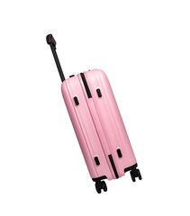 Luggage standing. Stylish pink plastic suitcase with wheel, hard shell, extended handle, glossy...