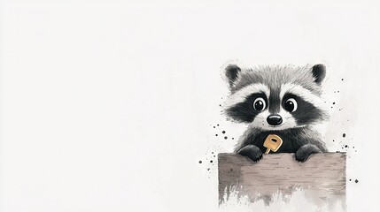 Obraz premium A painting of a raccoon holding a piece of bread in its mouth on top of wooden plank