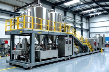 A compounding system with extruder and hoppers for bulk materials for mixing thermoplastic elasomers and plastics on a background of production