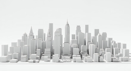  Monochromatic Cityscape: Minimalist 3D Rendering of a Modern Urban Skyline, Architectural Model, White City, Clean Design