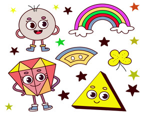 Set of colorful funny shape element vector. Collection of cartoon characters, cute doodle dawn, geometric, organic shape with fun eye. Design for decorative, sticker, toys and kids