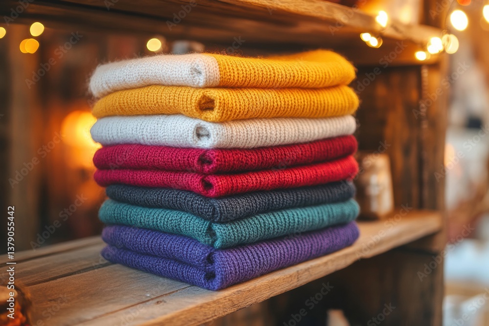 Poster clean stack of folded sweaters in rainbow colors on a wooden shelf with soft lighting creating a coz