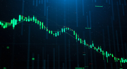 Stock Market Crash: Falling Candlestick Chart in Green, Bear Market Downtrend Analysis, Finance & Investment Loss Concept