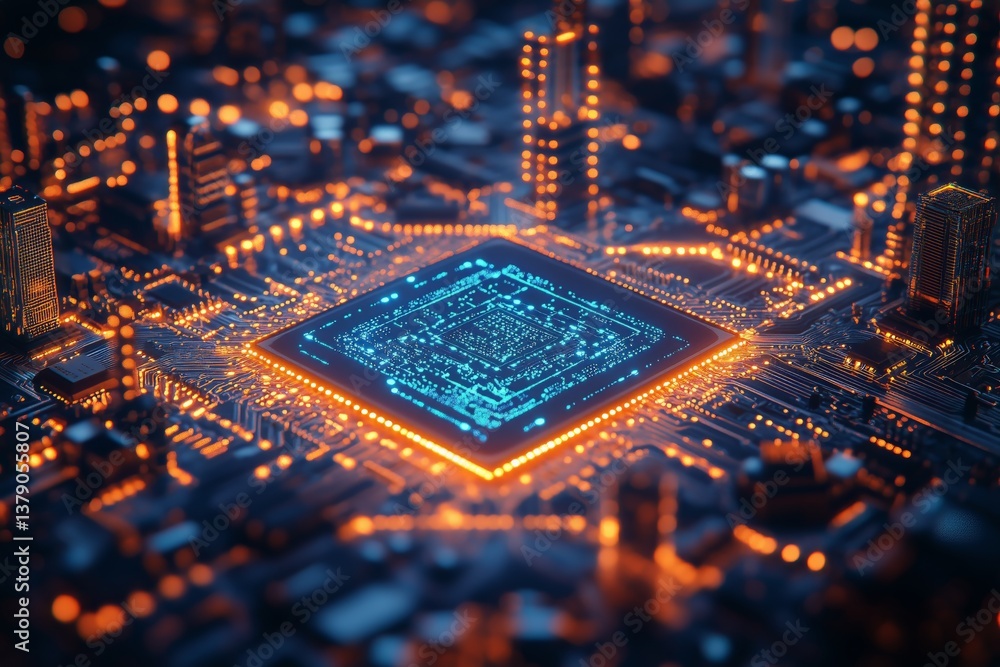 Poster close up of a glowing microprocessor on a high-tech circuit board at night