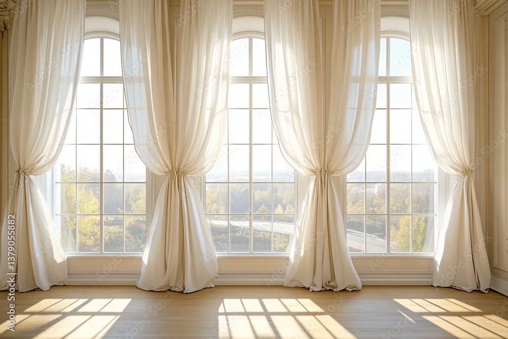 Poster elegant room with large windows and sheer curtains. sunlight streams in