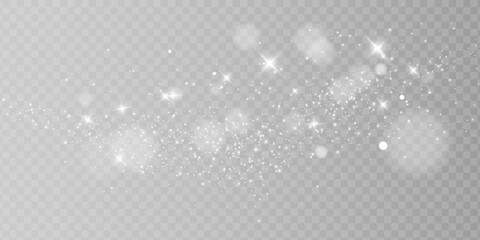 White png dust light. Bokeh light lights effect background. Christmas background of shining dust Christmas glowing light bokeh confetti and spark overlay texture for your design.