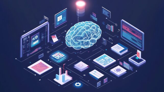 Futuristic brain surrounded by digital devices, isometric view, concept of AI