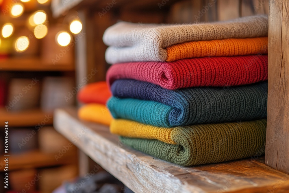 Poster stylish presentation of neatly folded rainbow colored sweaters on a wooden shelf in a cozy setting w