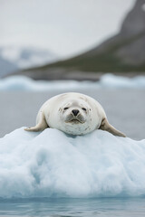 Naklejka premium Seal resting on iceberg. White seal relaxing on a floating ice sheet with mountains in the background. Calm ocean waters.