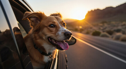 Happy Dog Enjoying a Scenic Car Ride at Sunset