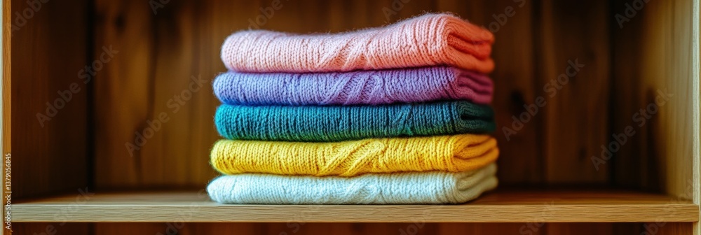 Poster folded sweaters in rainbow colors create a cozy and stylish display on a wooden shelf in soft lighti