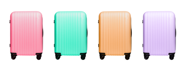 Luggage collection. Tourist travel essentials including suitcase, hand baggage, and compact bag with wheels, folded handle, stylish design, trendy accessory for holiday, airport and flight journey..