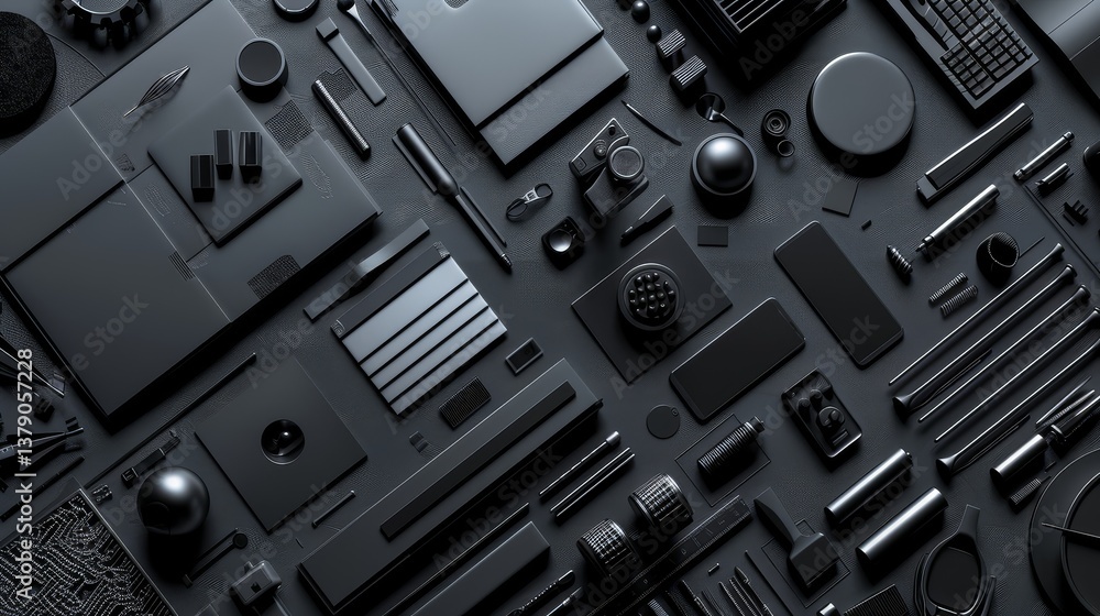 Fototapete monochromatic tech objects composition - a flat lay showcasing various dark gray technological objec