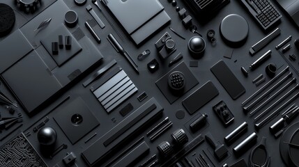 Monochromatic Tech Objects Composition - A flat lay showcasing various dark gray technological objects arranged in a geometric pattern