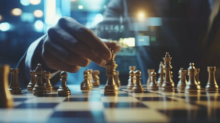 Investor carefully positions a chess piece on a financial board game, showcasing a strategic mindset and analytical thinking in a competitive atmosphere during the evening.