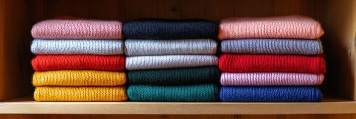 Colorful stacked sweaters on wooden shelf create a cozy and stylish atmosphere in a warm lighting setting