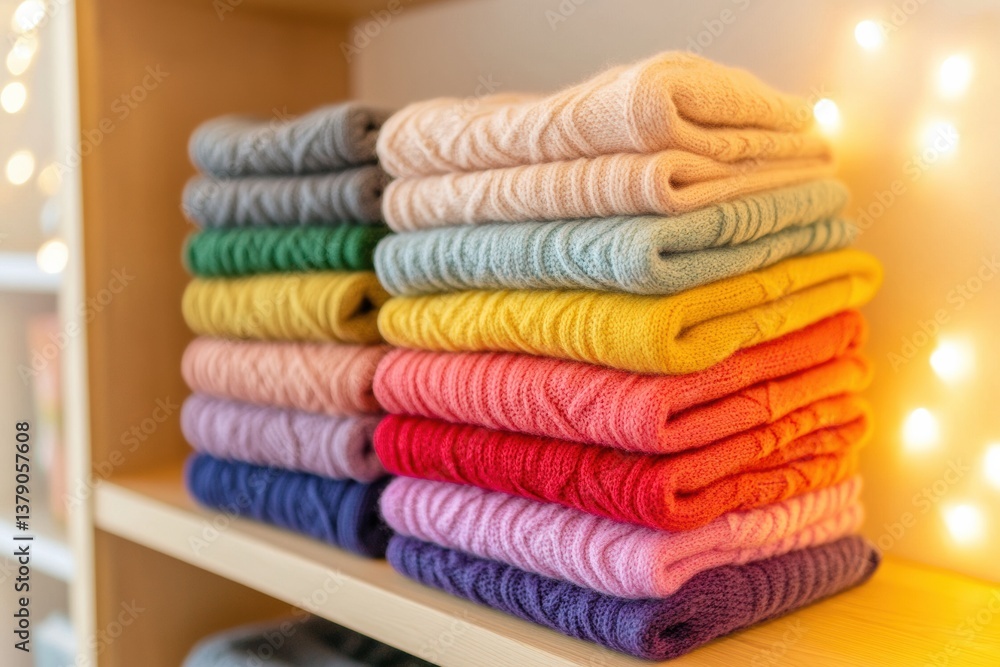 Aufkleber elegant display of neatly folded sweaters in an array of rainbow colors on a wooden shelf creating a