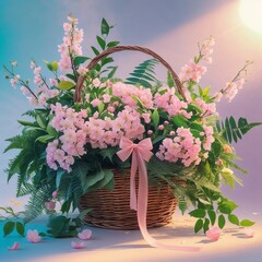 spring bouquet in a basket with multi-colored daffodils, viola and cherry