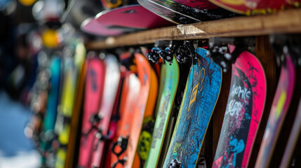 A rental shop features a vibrant display of snowboards with colorful designs. These snowboards are ready for winter sports lovers eager to hit the slopes.
