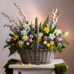 spring bouquet in a basket with multi-colored daffodils, viola and cherry