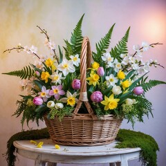 spring bouquet in a basket with multi-colored daffodils, viola and cherry