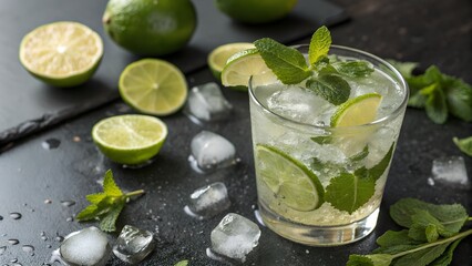 Fototapeta premium Lemon drink with sliced lemons, min and ice cubes