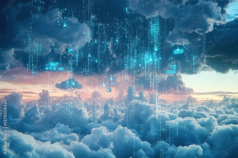 Aufkleber a sky filled with clouds releasing rain drops onto the earth below cybernetic clouds merging with ph