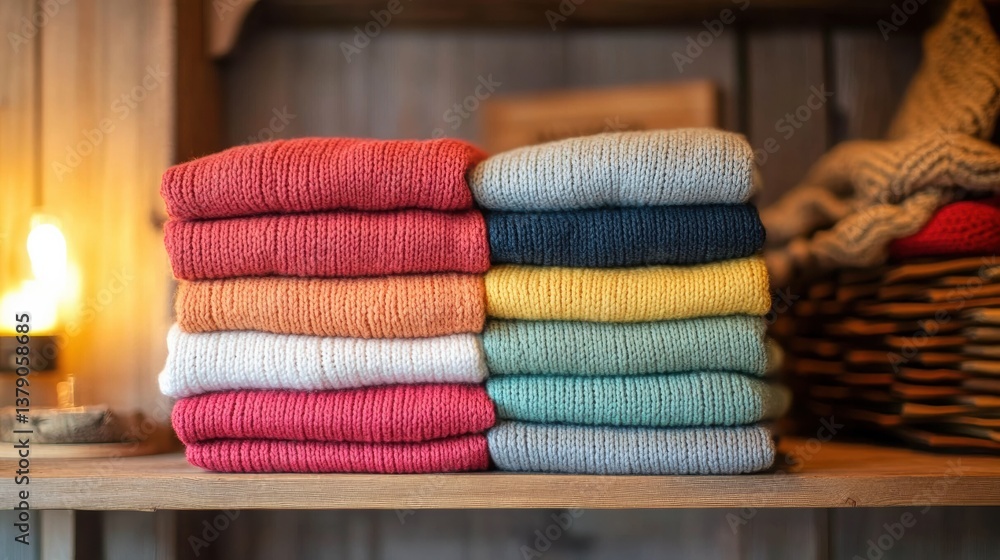 Poster folded sweaters arranged in rainbow colors create a cozy atmosphere on a wooden shelf with soft ligh