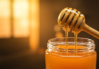 A golden, sweet honey liquid sits in a glass jar on a wooden background