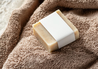 Beige herbal soap bar with blank label on light brown bath towel top view, hygiene product mockup 
