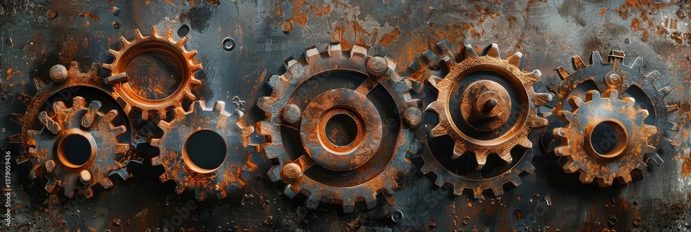 Poster rusty gears interconnected - close-up of rusty gears interlocked, showcasing texture and detail. ind