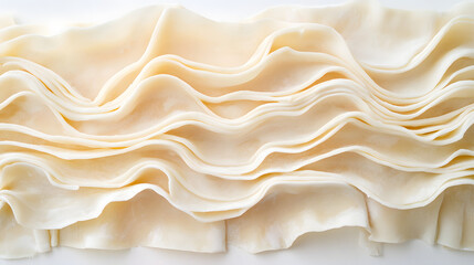 Fototapeta premium A close-up of lasagna sheets arranged in a symmetrical manner, showcasing their delicate texture and thin layers against a white backdrop.